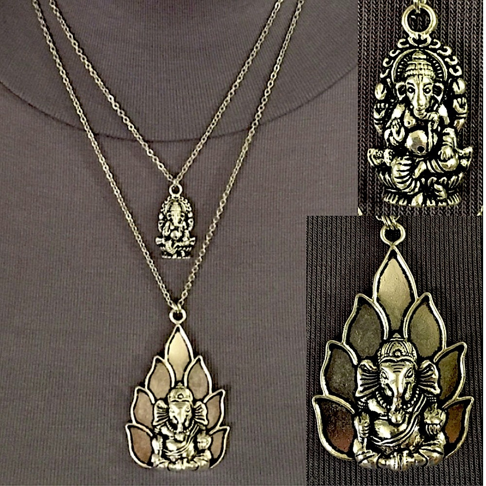 “Lucky Ganesh” Silver Hindu Elephant God Handmade 2-Layer Adjustable Necklace